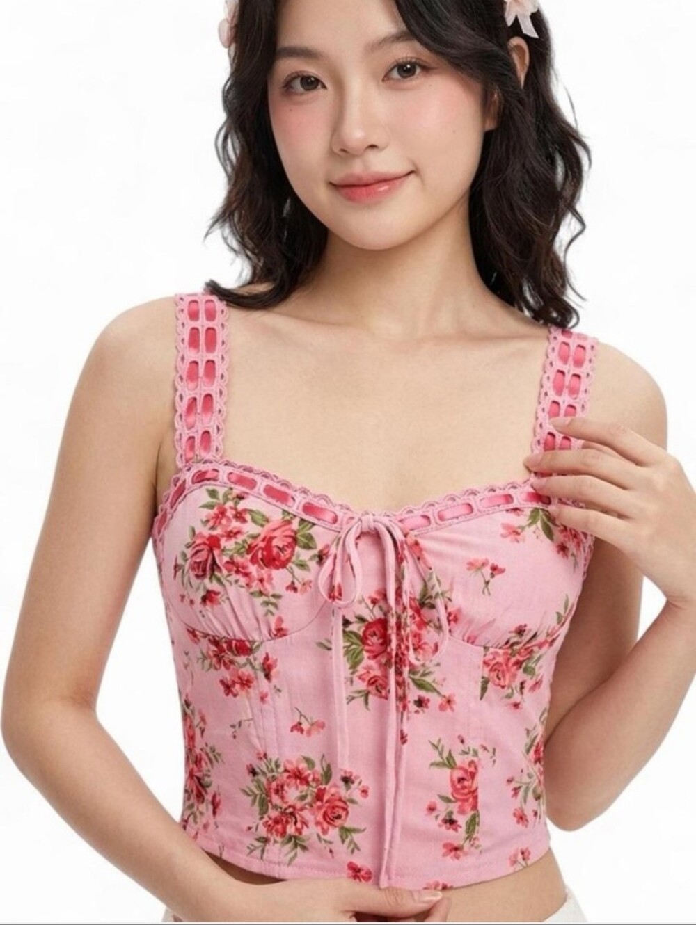 Floral Lace-Trim Pink Crop Top
